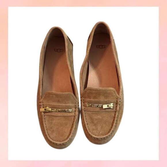 UGG Suede Loafers Gold Zipper Detail Moccasins Slip-On Flats Size 10 - Picture 1 of 6